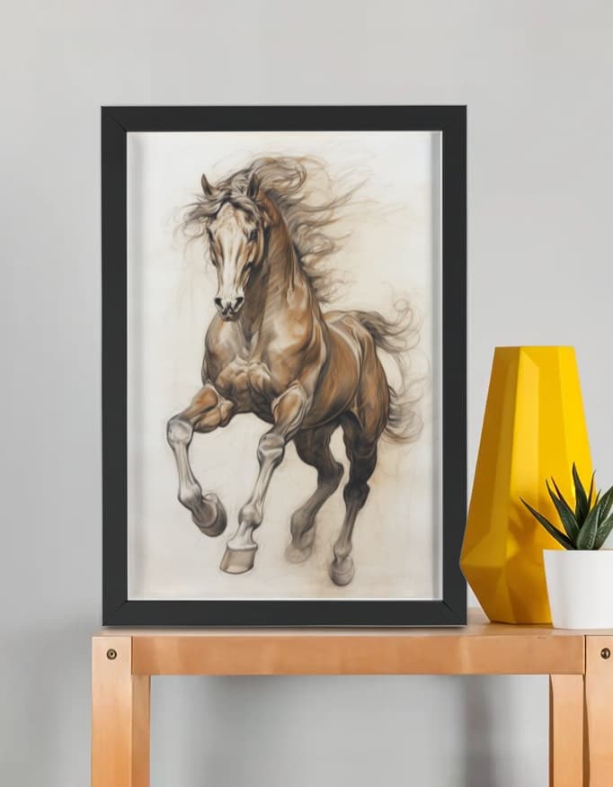 An A3 sized framed poster featuring a stallion in hand painted style