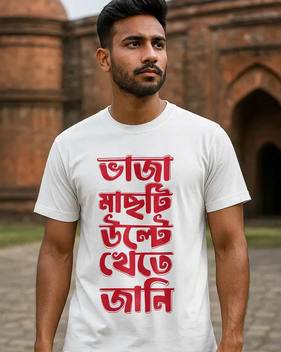 A male model wearing Bongstreet's famous t-shirt that says - Bhaja Machti Ulte Khete Jani