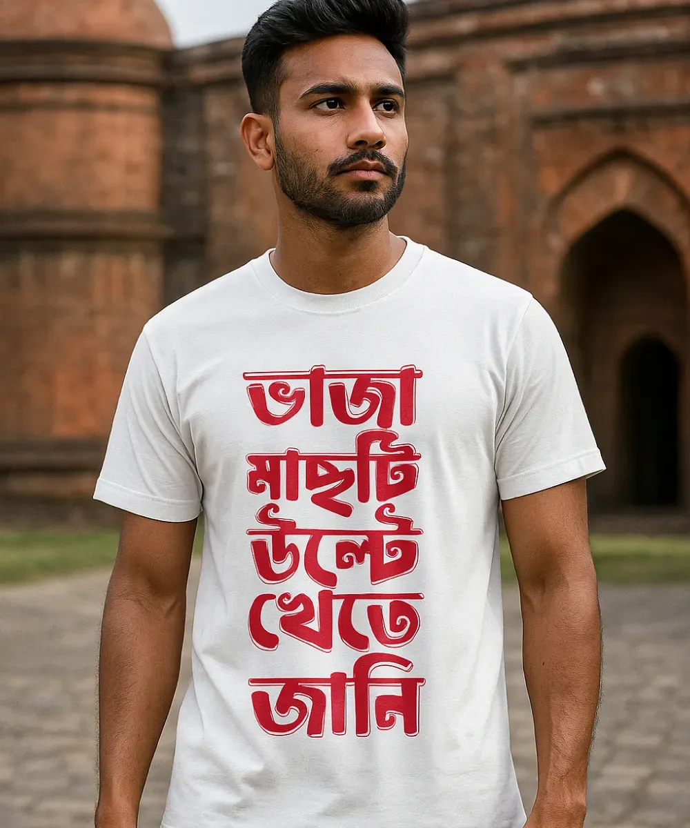 A male model wearing Bongstreet's famous t-shirt that says - Bhaja Machti Ulte Khete Jani