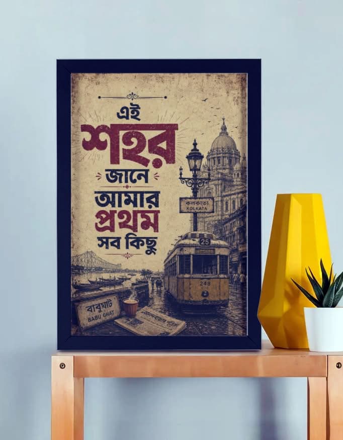 এই শহর জানে আমার প্রথম সবকিছু – vintage Kolkata Bengali framed poster A3 size featuring Howrah Bridge, Kolkata tram, Victoria Memorial and Babu Ghat by Bong Street
