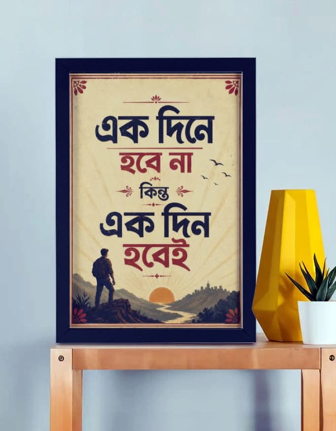 Ekdine Hobe Na Kintu Ekdin Hobei – Bengali motivational framed poster A3 size with vintage sunrise design by Bong Street