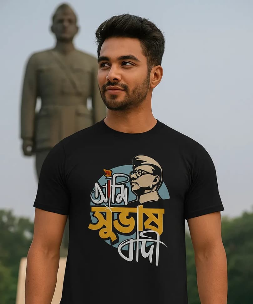A model wearing a Bengali unisex t-shirt in black color that pays tribute of Bengal's biggest hero - Netaji.