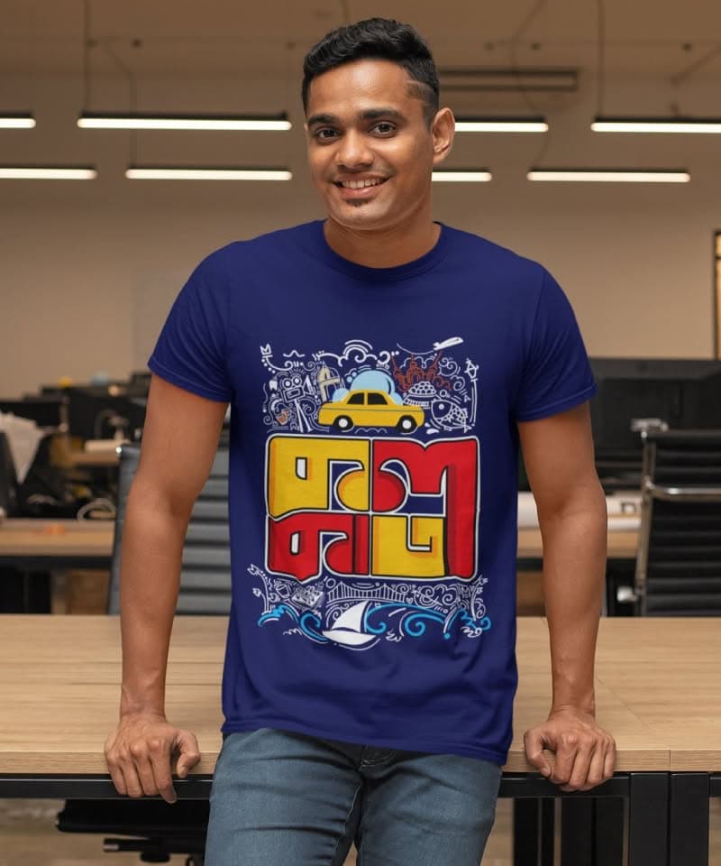 A model wearing a black unisex t-shirt that says Kolkata in bold letters and represents a doodle like design for Kolkata