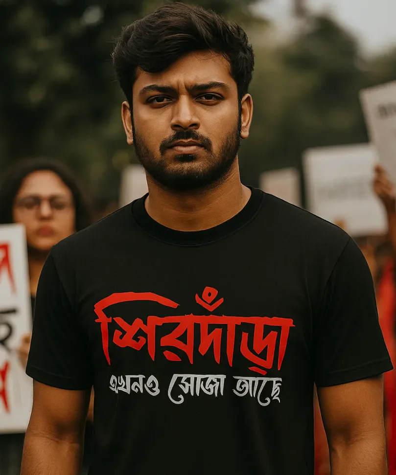 A Bengali unisex t-shirt worn by a model that says - Sirdara ekhono soja ache