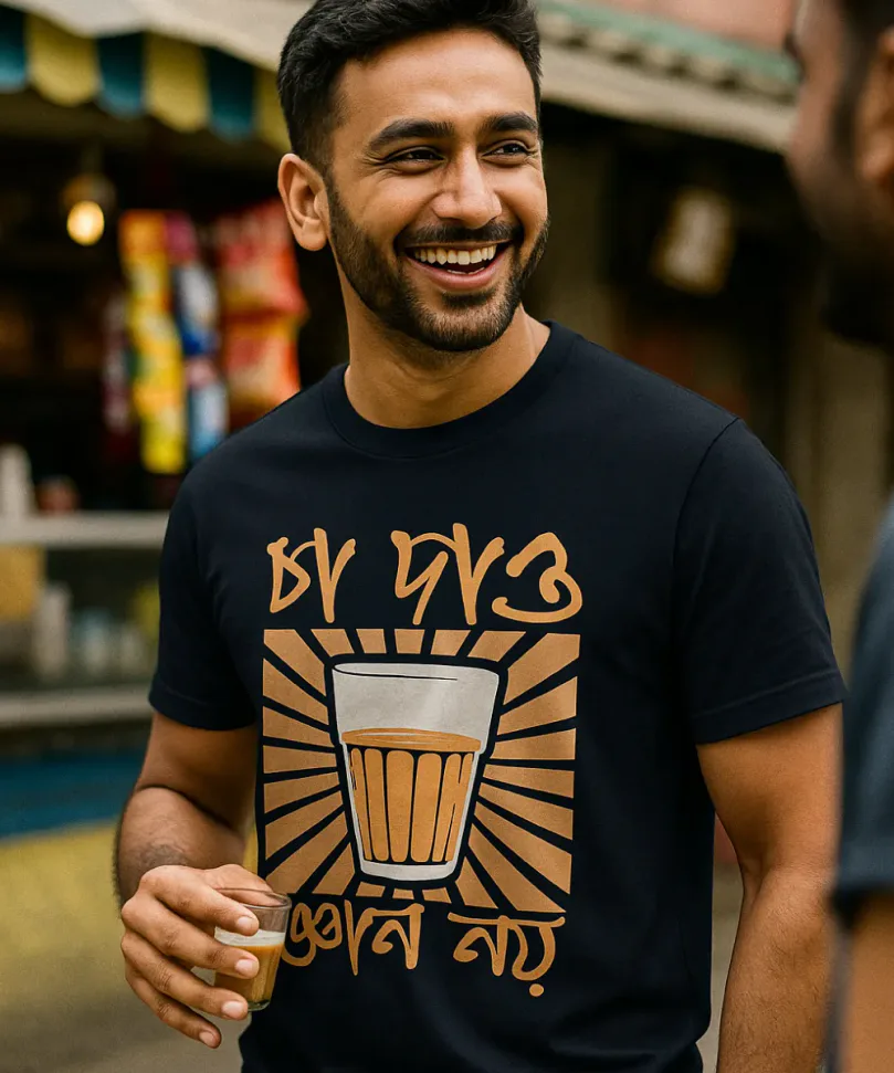 A model is wearing a Bengali Navy Blue unisex t-shirt that celebrates the tea culture of Kolkata