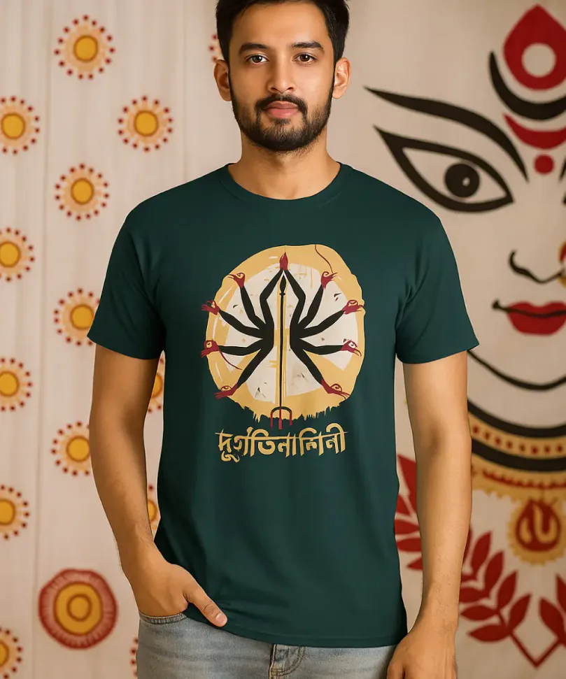 A model wearing a Bengali printed unisex t-shirt in petrol blue color that pays homage to Debi Durga.