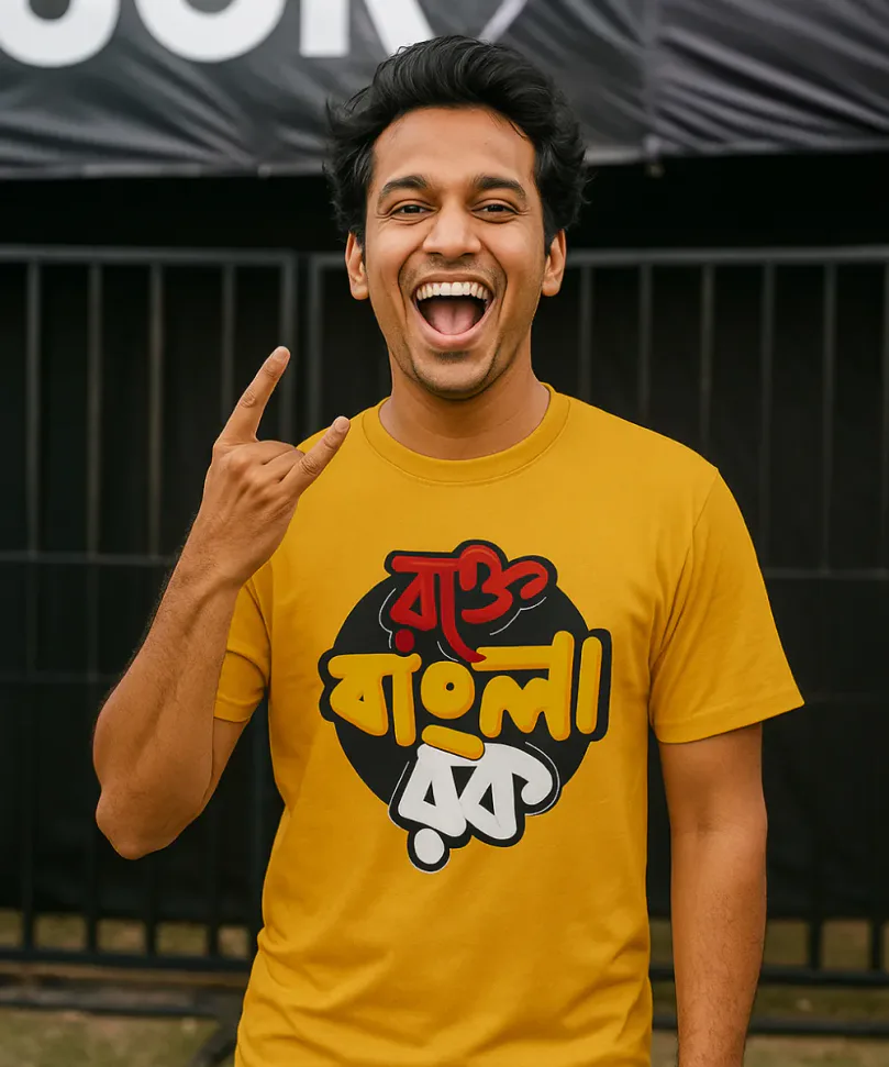 A model is wearing a Bengali unisex yellow t-shirt that celebrates the Bangla Rock music culture of West Bengal